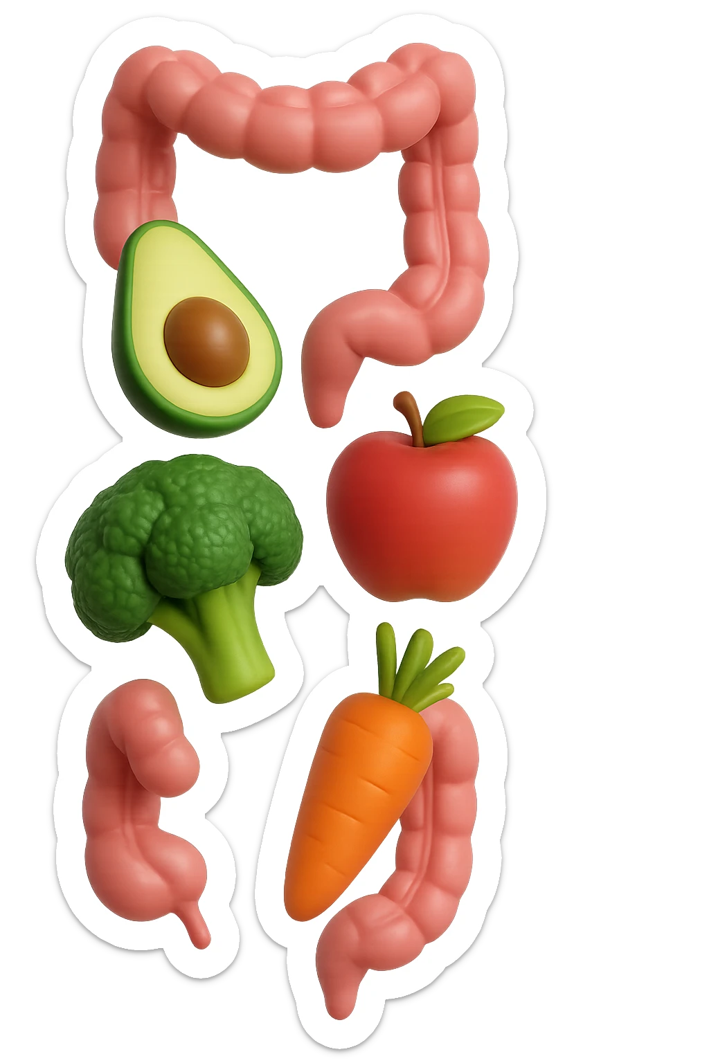 emoji stile iphone in 3d di cibo sano che fluttua in aria vericalmente insieme a pezzi di colon umano anatomico, iperrealistico 4k sticker