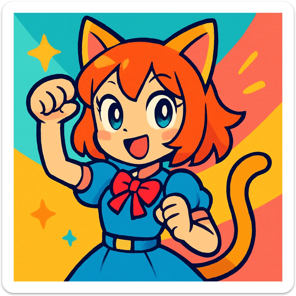 cat girl, vibrant anime style, cute, expressive, large eyes, cat ears, playful pose sticker