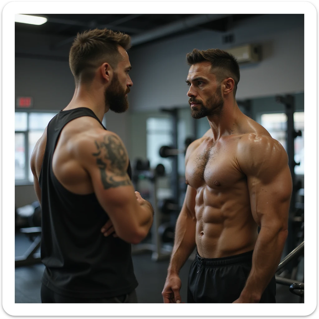 hyperrealistic 4K scene of bodybuilding coach giving advice to a client in a gym, both in sportswear, serious and focused expressions, realistic details, visible gym equipment sticker