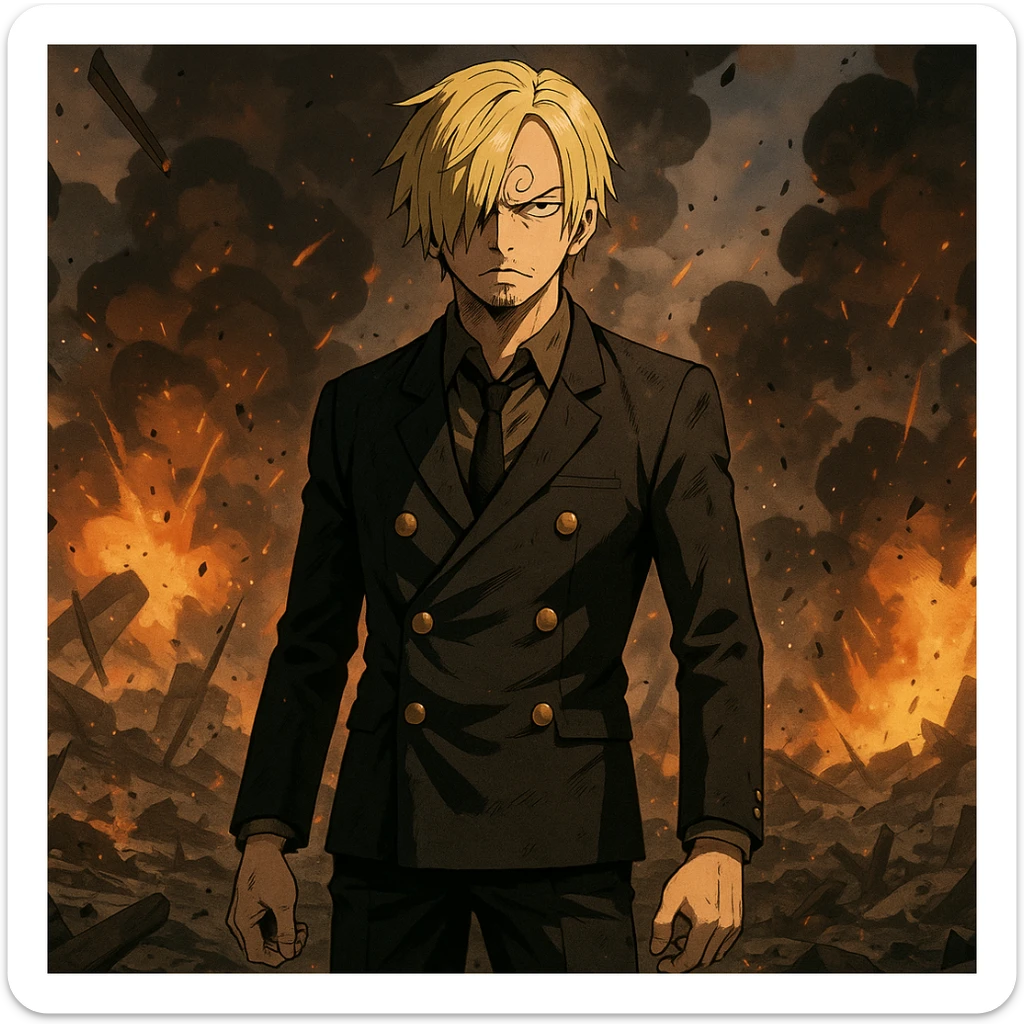 Sanji from One Piece, authentic manga/anime style of One Piece, standing alone in the middle of a chaotic war environment, dramatic lighting, debris and explosions in the background, cinematic scene, no other characters, 1920x1080 sticker