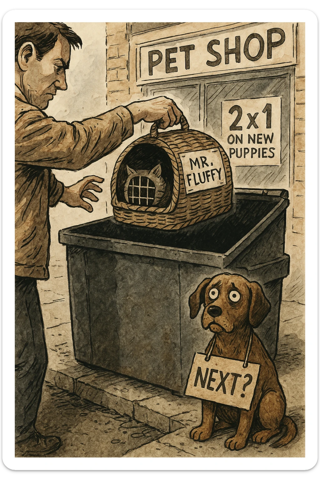 "Primo piano dell'uomo che butta il cesto del gatto (con ancora la scritta 'Mr. Fluffy') nel cassonetto, mentre il cane lo guarda terrorizzato con un cartello al collo: 'PROSSIMO?'. Sullo sfondo, un negozio di animali con l'insegna '2x1 su nuovi cuccioli'. Stile illustrazione editoriale, inchiostro e acquerello." sticker