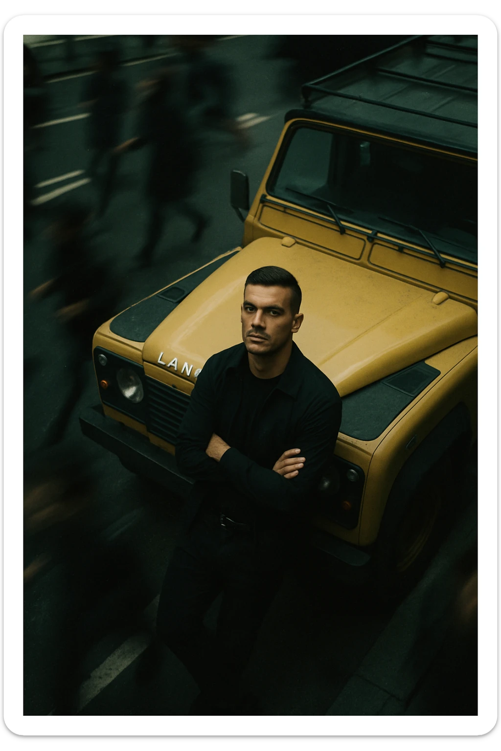 An aerial cinematic shot of me leaning against a yellow land rover defender on the street, wearing a t-shirt under a black jacket. A blurry crowd of people running around me. Gloomy lighting, 35mm film style, shallow depth of field, sharp focus on me.  sticker
