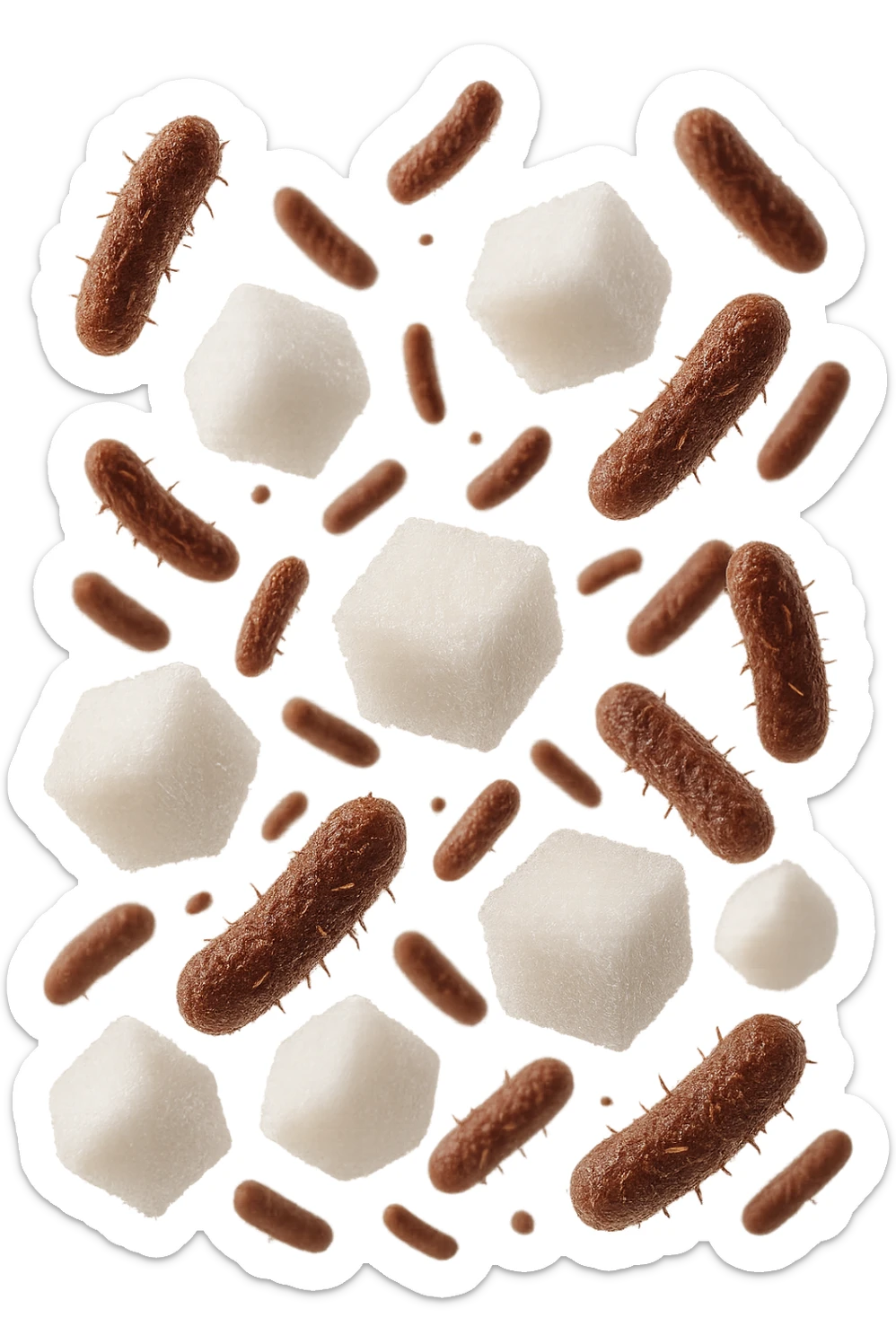 ZOLLETTE DI ZUCCHERO FLUTTUANO IN ARIA INSIEME A BATTERI INTESTINALI REALISTICI
IPERREALISTICO 4K, SFONDO BIANCO sticker