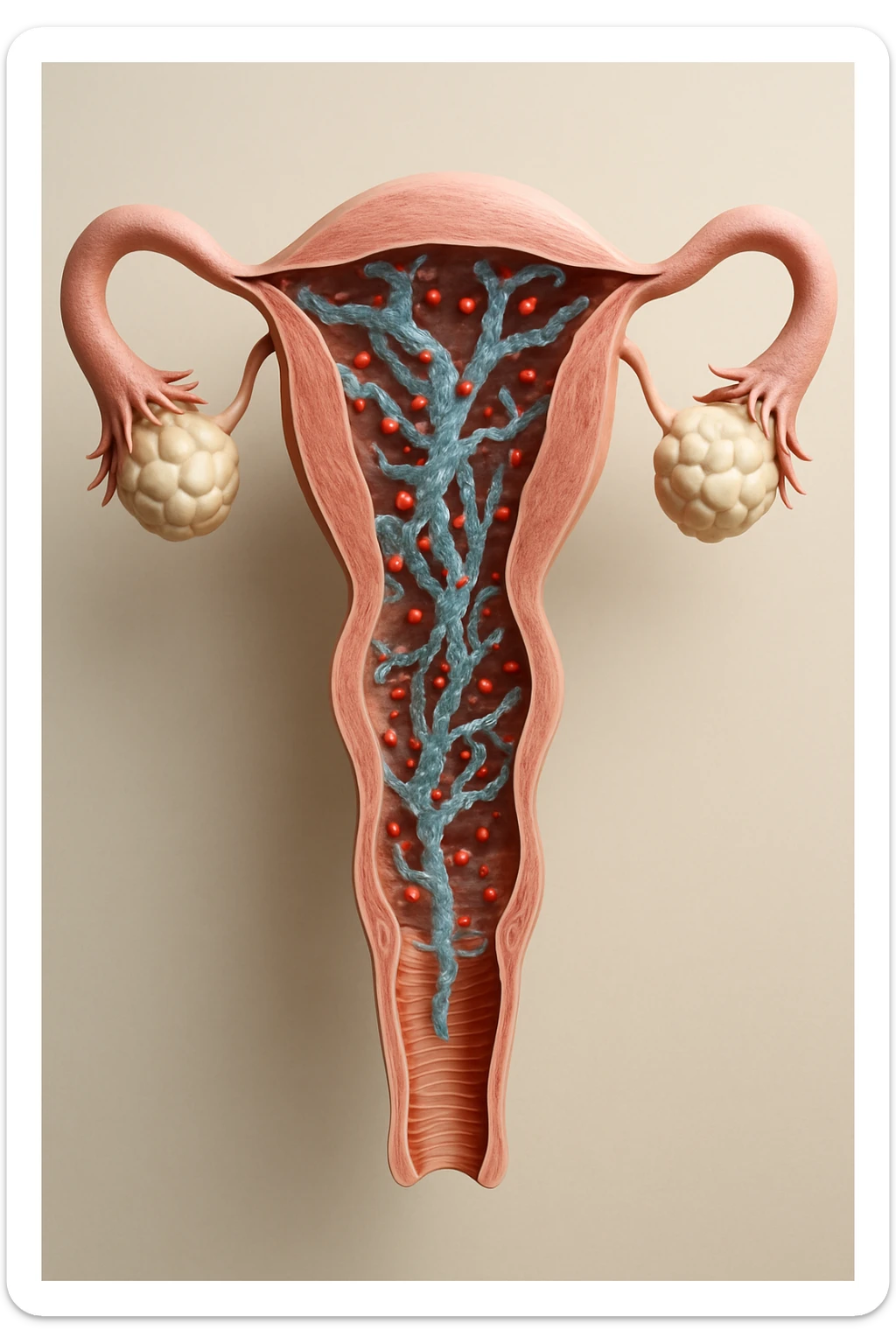 utero umano realistico con batteri della candida intorno, la foto si deve vedere per intero in formato verticale, sfondo neutro chiaro, iperrealistico 4k sticker