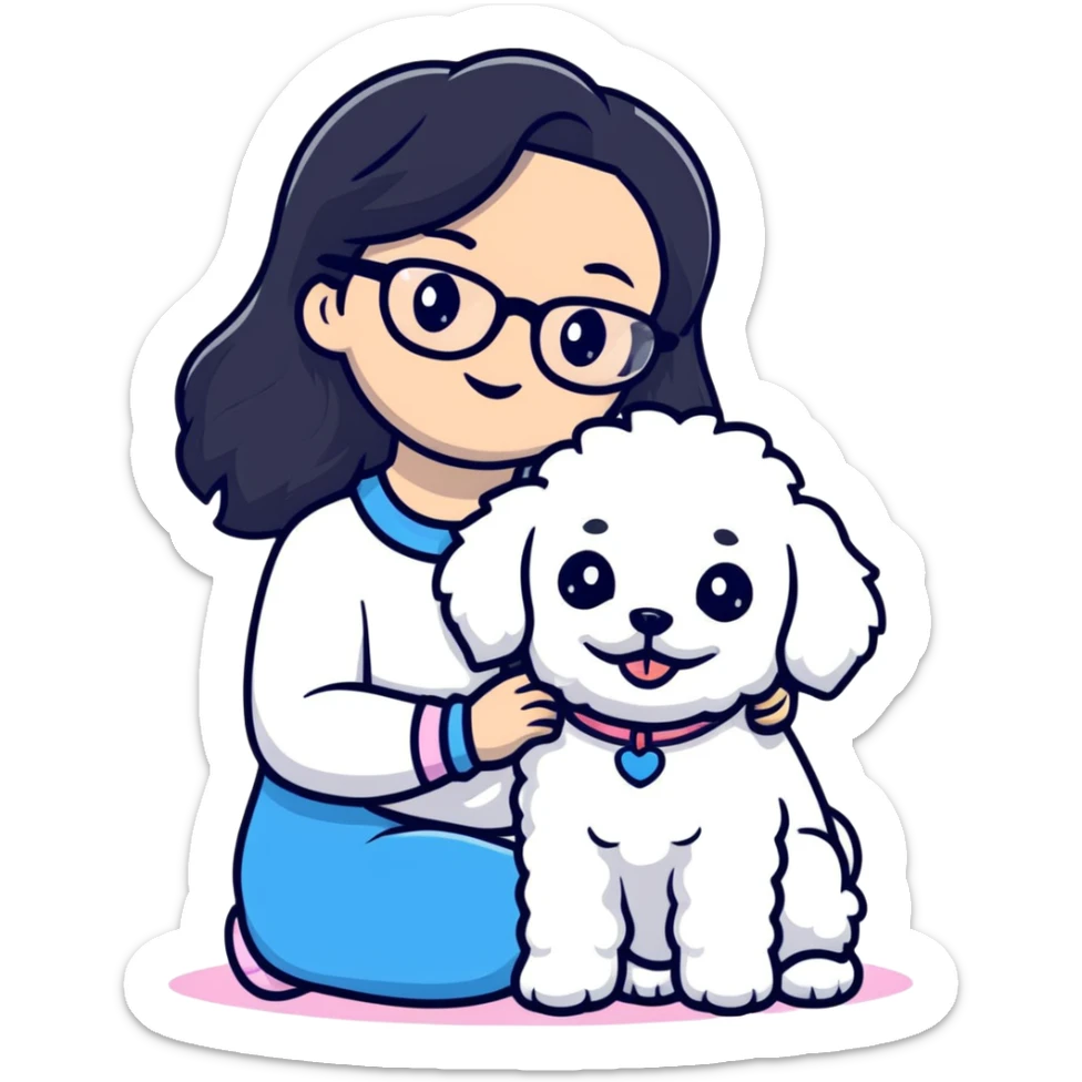 Girl with long black hair and glasses holding a white Bichon Frise dog sticker