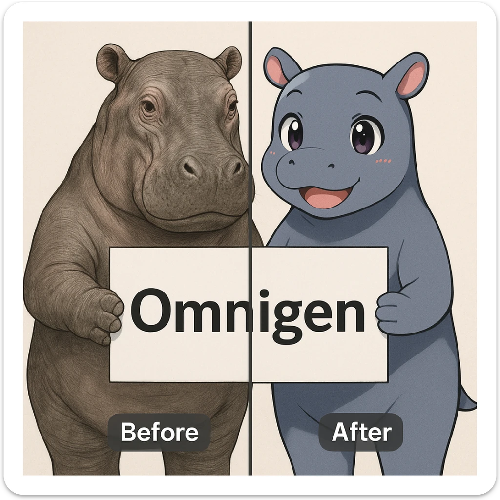 two hippo holding sign of omnigen, half picture 1 hippo is realistic another half is the anime of that same second hippo, with before after mark sticker