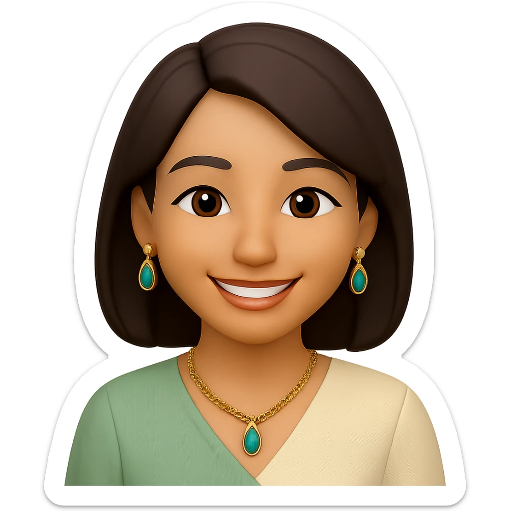 Change the hairstyle of the young woman to a short bob. Keep her smiling with dark brown hair, brown eyes, nose piercing, wearing a green and cream blouse and a gold necklace. Convey happiness and relaxation. Remove any background, make it transparent. sticker