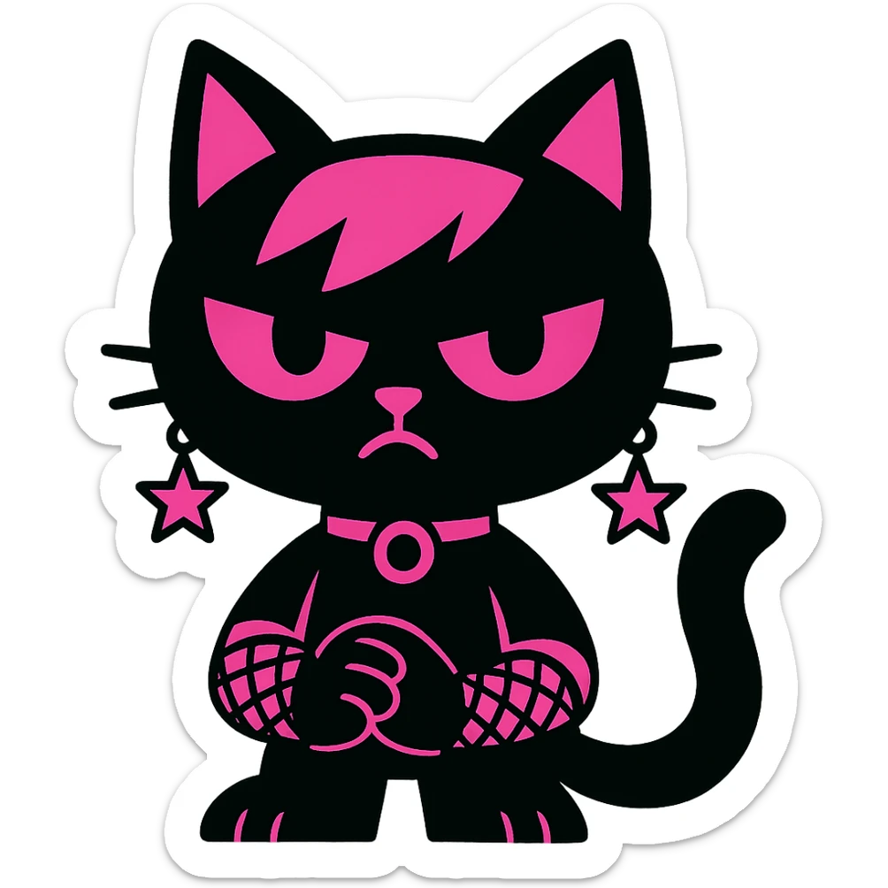 gothic cat with black and pink colors, fishnet gloves, star-shaped earrings, vibrant toon style sticker