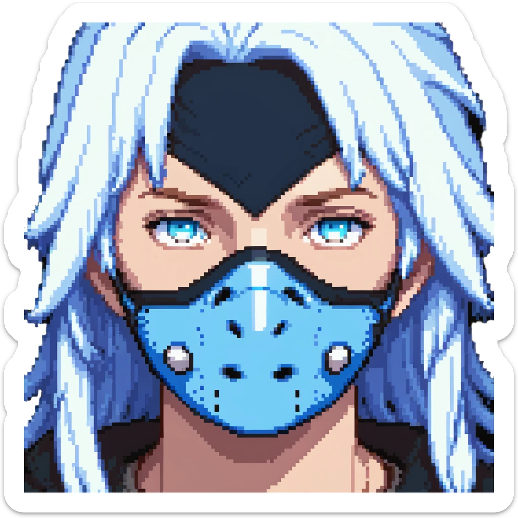 close-up of a teen face with blue mask and white hair sticker