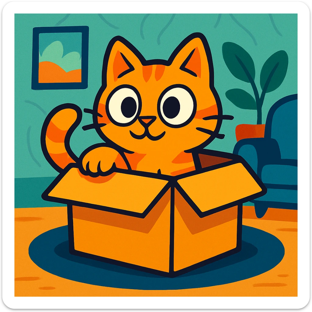 a curious orange cat peeking out of a cardboard box, playful and wide-eyed, cozy cartoon style sticker