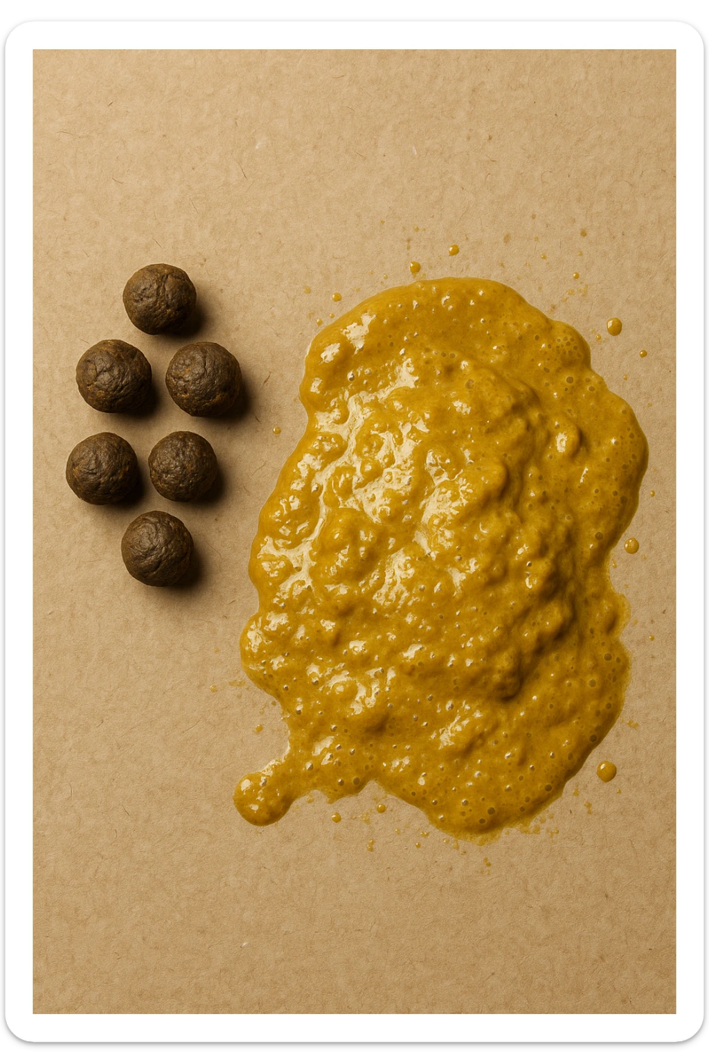 feci di animale a palline viste dall'alto e feci di animale liquide e gialline viste dall'alto, iperrealistico 4k sticker