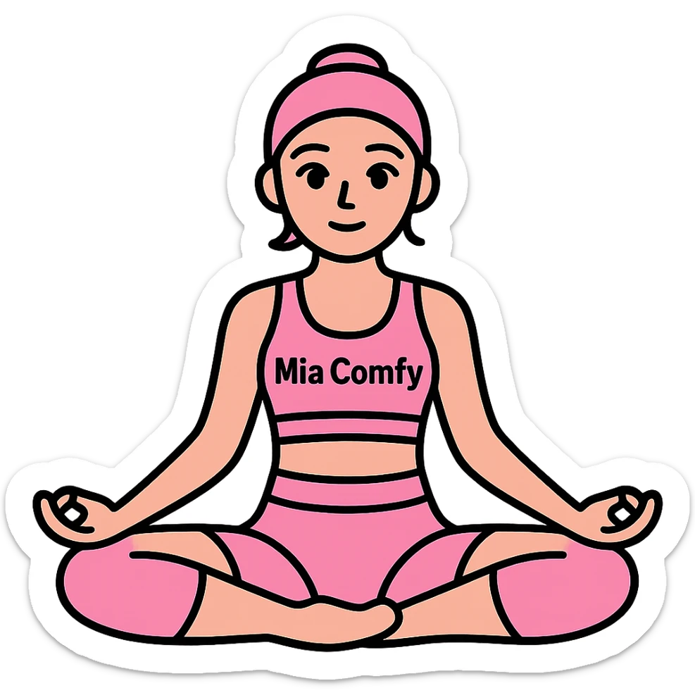 Add the name 'Mia Comfy' in a clear, stylish font on the pink yoga top. Keep the background transparent. sticker