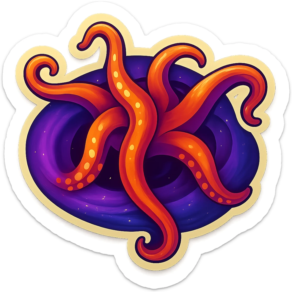 Edit the images to depict tentacles coming out of a black hole in a retro sticker style with vibrant colors and dynamic composition. Ensure there is no background, keeping it transparent. sticker