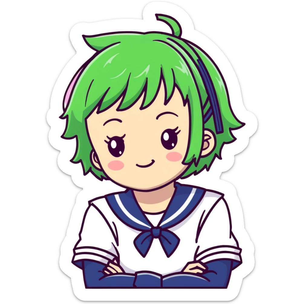 Mischievous anime girl with green short messy hair wearing Japanese sailor style school uniform, smirking and plotting, kawaii style sticker