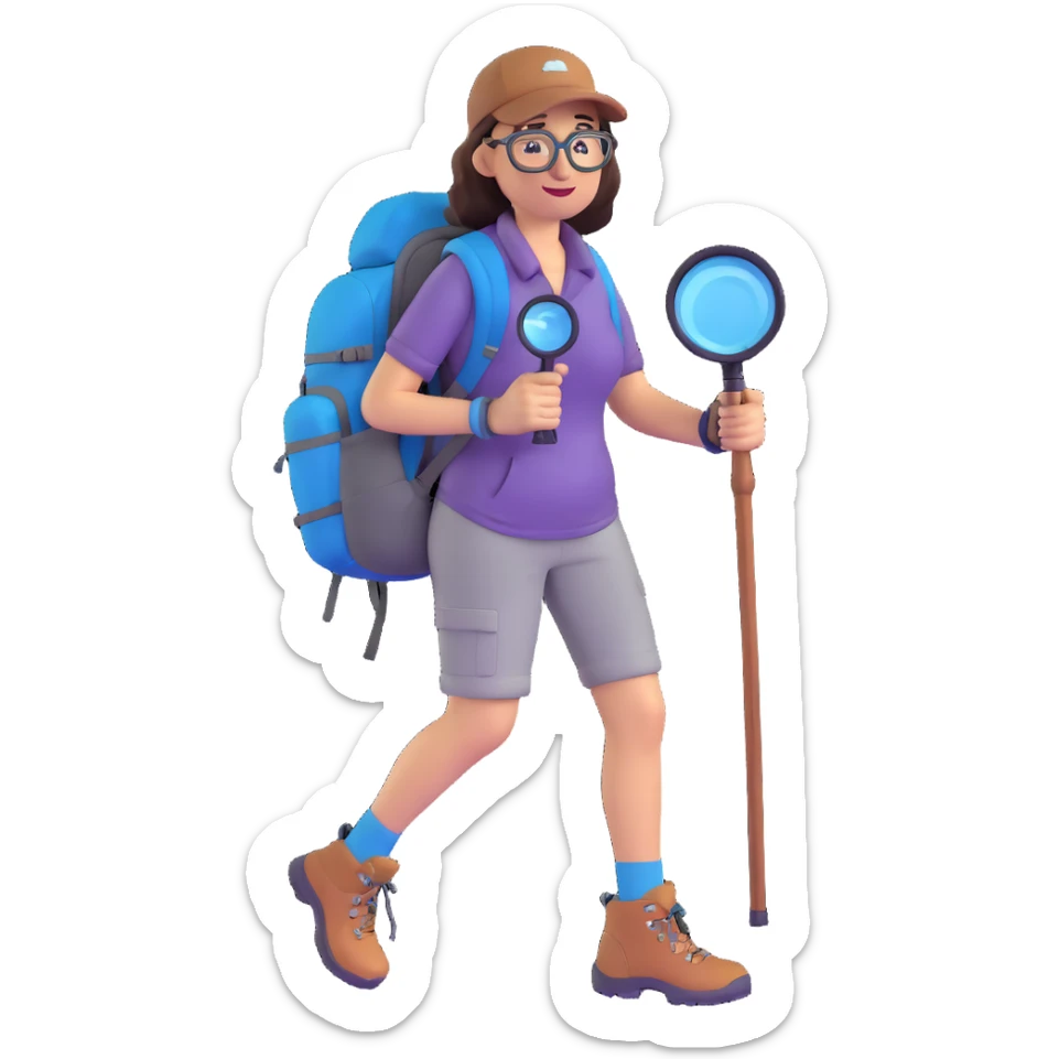Very happy excited woman in her 40s with glasses wearing sporty outfit, hiking boots, and backpack, holding a magnifying glass sticker
