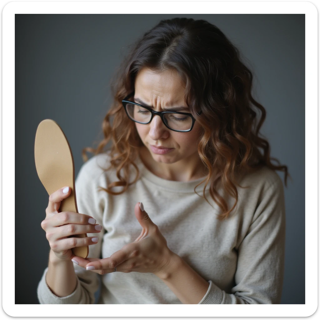 woman showing orthopedic insole in hand, expression of frustration or pain, realistic style, light background sticker