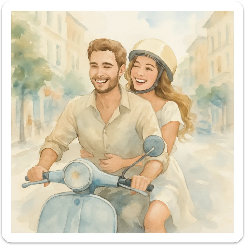 watercolour style, couple on a scooter, city street background, light and airy feel sticker