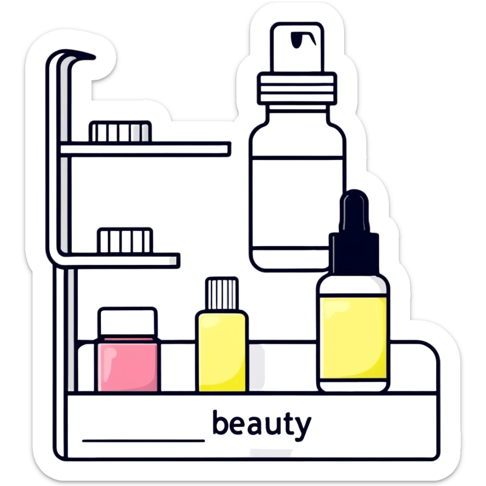 big long white shelf with one serum bottle labeled beauty brand and large sticky note next to it sticker