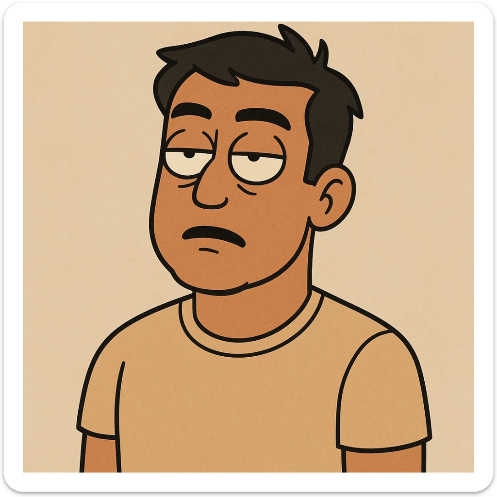 tan skinned man, short black hair, rolling his eyes, simple style sticker