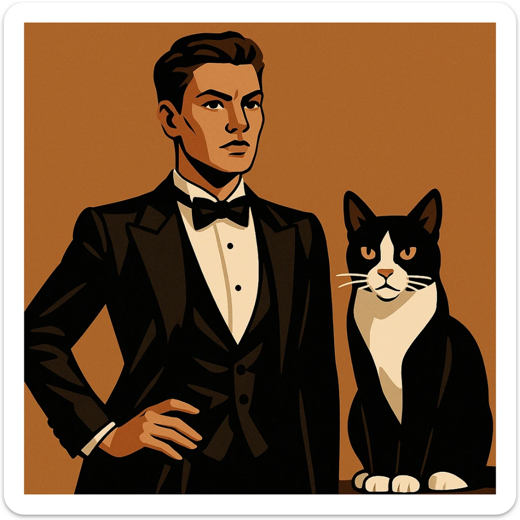 masculine woman with short brown hair and a tuxedo cat, style 2 sticker