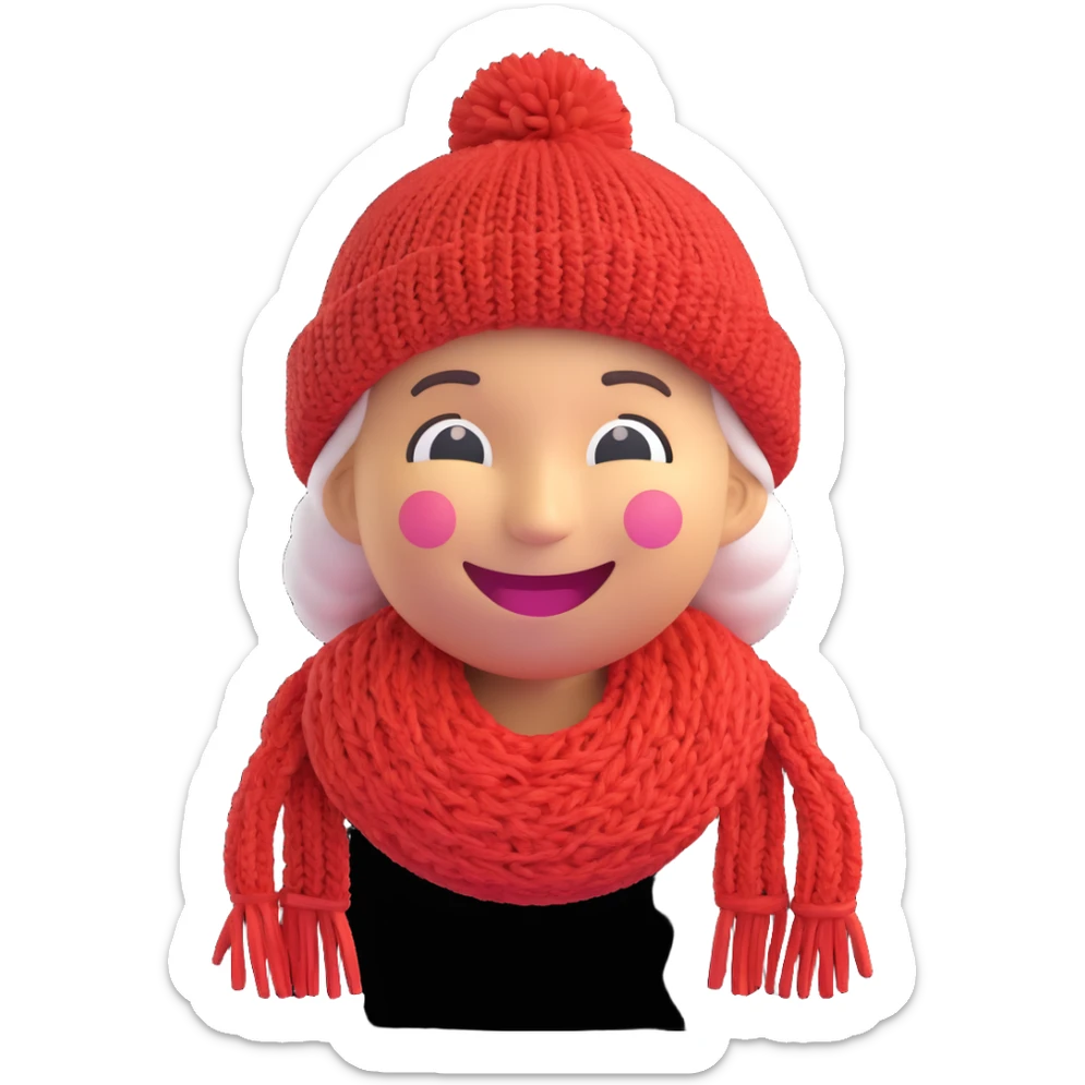 3D smiley emoji, round shape, grandmother wearing a knitted purple hat with yarn, smiling face sticker