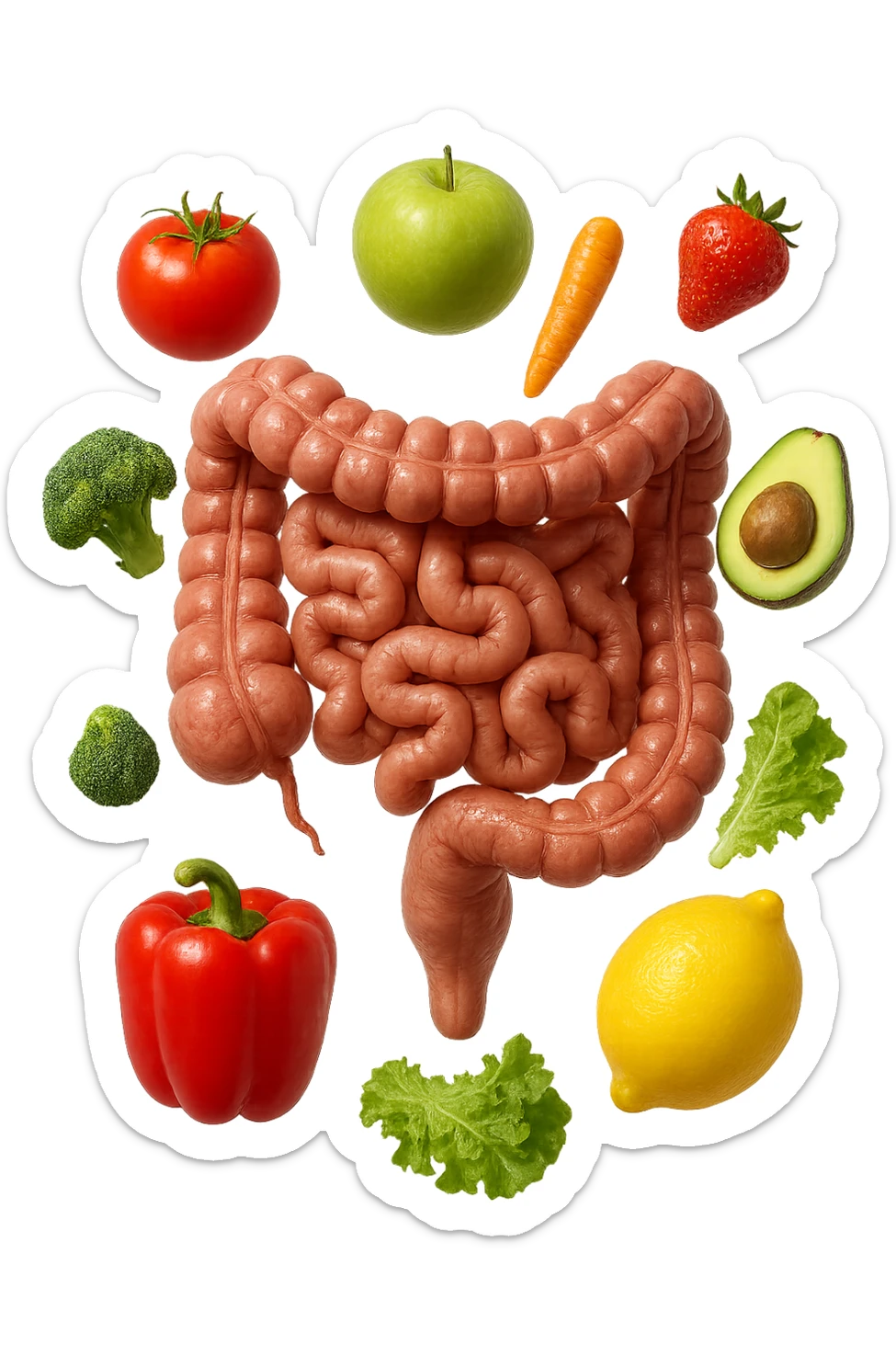 frutta e verdura fluttua intorno ad un intestino umano anatomico realistico, iperrealistico 4k sticker
