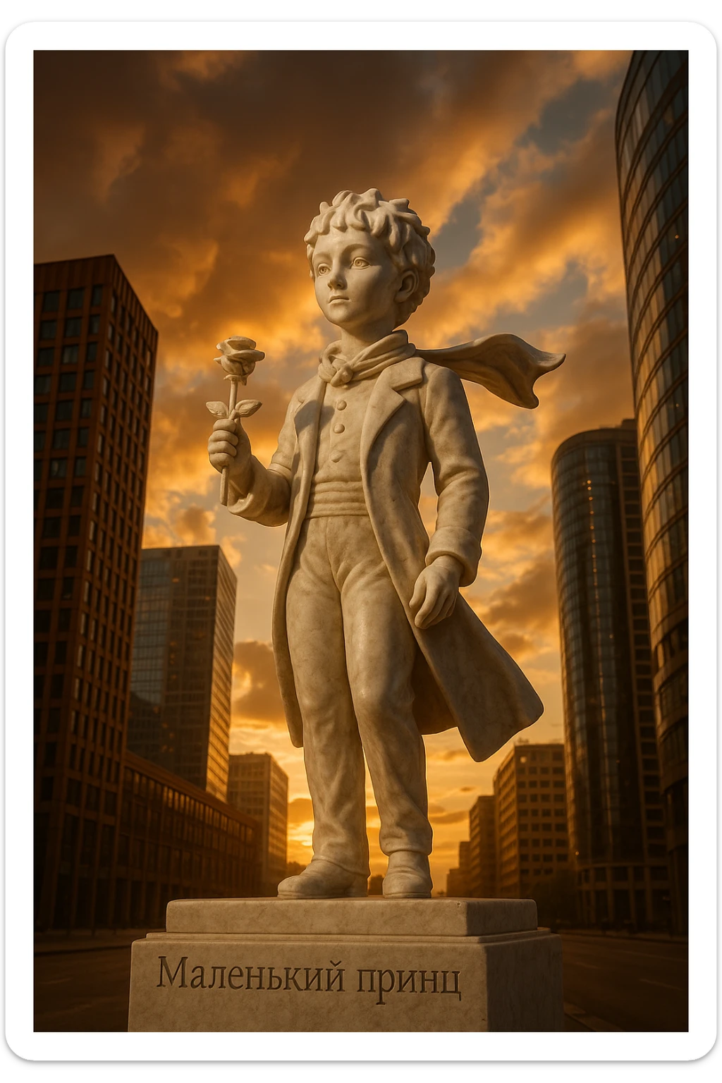 Ultra-realistic full-length marble sculpture of the Little Prince holding a rose in his hand, standing in the middle of a modern city. The pedestal is engraved with 'Маленький принц'. Sunset lighting, dramatic view from below. sticker