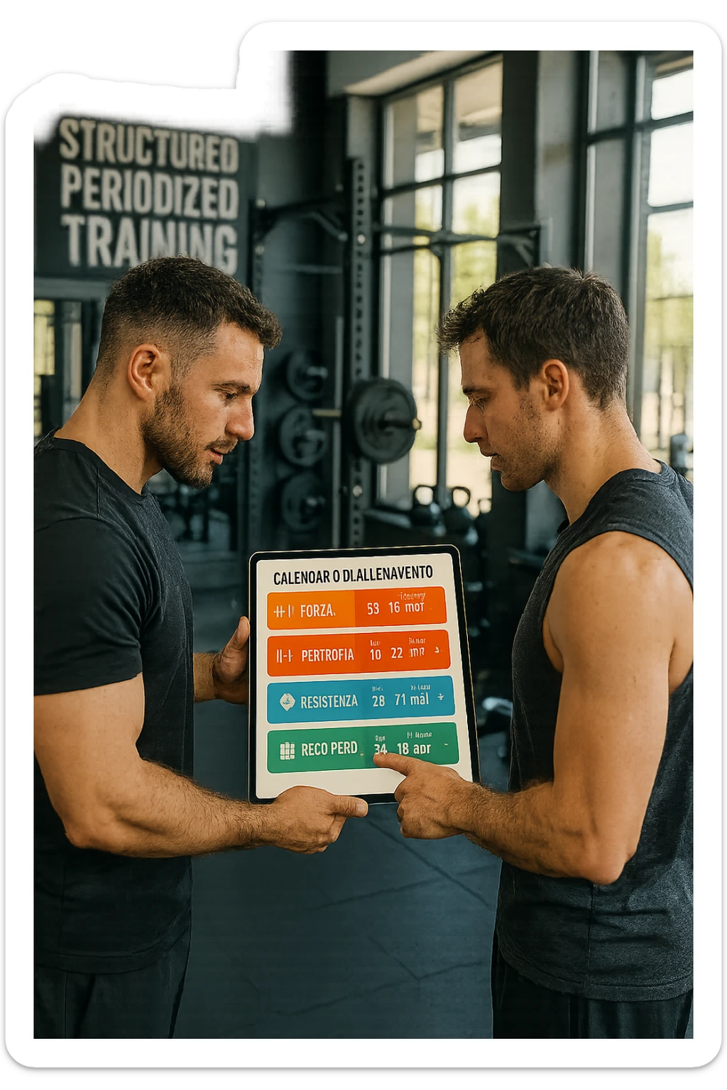 realistic cinematic photo a personal trainer and a client stand in a modern gym, reviewing a large, color-coded training calendar or chart on a tablet. The calendar shows different phases (Forza, Ipertrofia, Resistenza, Recupero) with icons and dates. Around them, gym equipment and motivational posters reinforce the idea of structured, periodized training. in italiano sticker