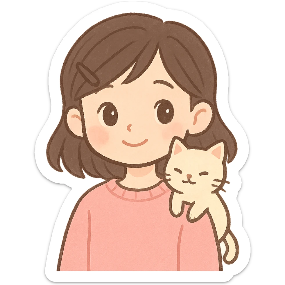 pastel toon style character with dark brown hair clipped back with a hairpin, sweet eyes, pink sweater, cat on shoulder sticker