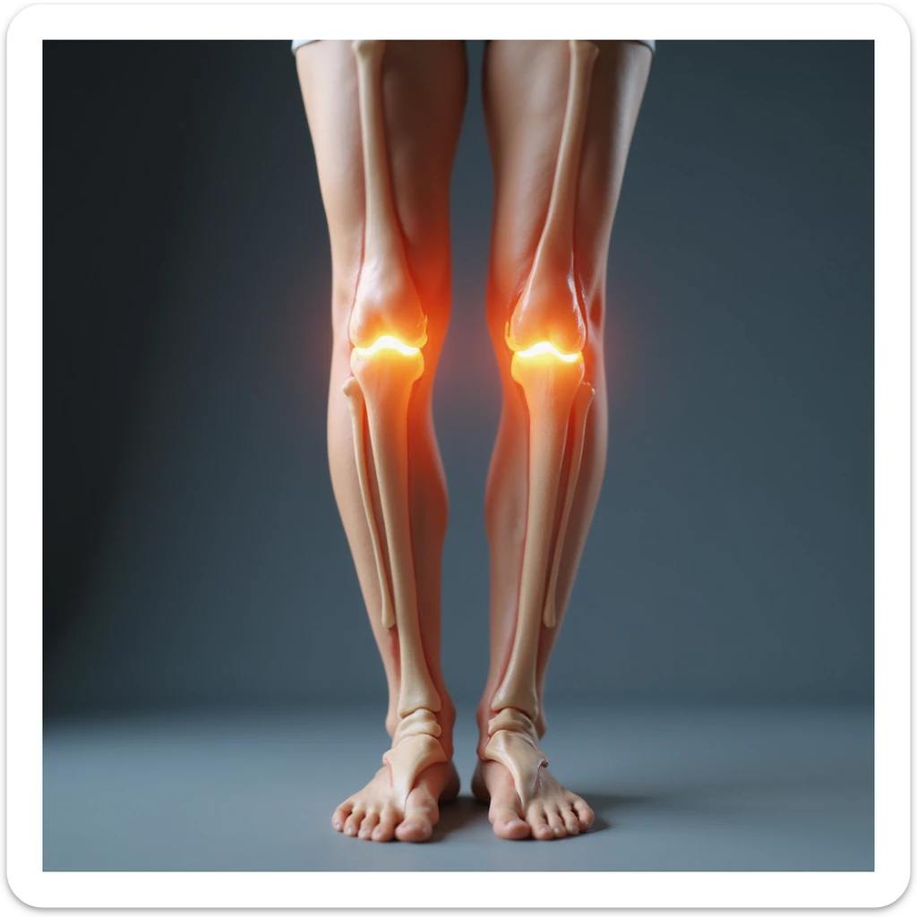 hyperrealistic 4K anatomical view of valgus knee, woman's legs standing, knees touching and ankles apart, bones and joint highlighted, white background, valgus deviation clearly visible, variant 2 with slightly changed angle sticker
