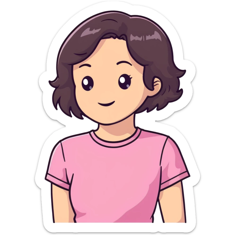 young brunette woman with short wavy hair to shoulders, wearing a pink t-shirt sticker