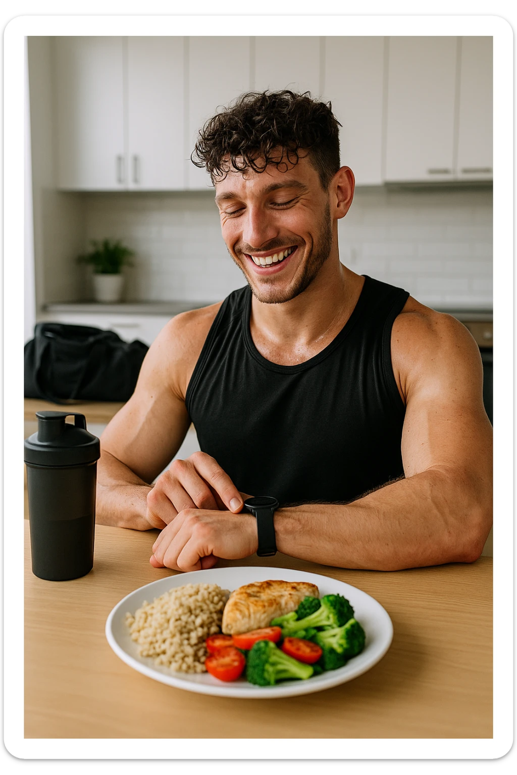 a fit man in his 30s, still in gym clothes and slightly sweaty, sits at a kitchen table right after a workout. In front of him is a balanced meal with a generous portion of rice, pasta, or potatoes, along with lean protein and vegetables. He checks his watch or a fitness app, smiling with satisfaction as he times his post-workout meal. The background is a bright, modern kitchen, with a shaker bottle and gym bag visible. in italiano sticker