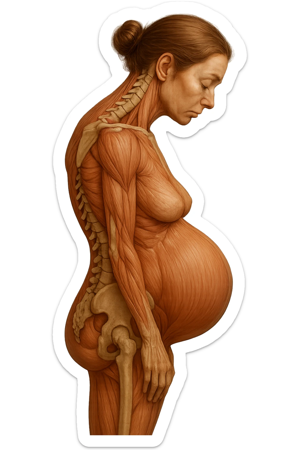 donna in gravidanza di profilo con spina dorsale in evidenza, postura storta, spalle chiuse in avanti, iperrealistica 4k sticker