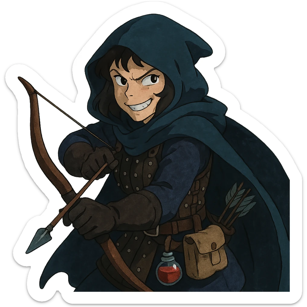 A female rouge , colored hood, wearing brigandine armor with, bow and arrow at the ready, night time shadows, tool belt with red potion and bandages, mischievous grin, anger sticker