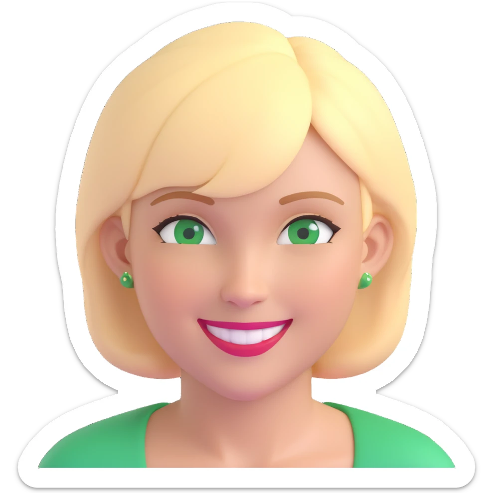 woman with thick blonde short hair and green eyes, smiling, headshot sticker