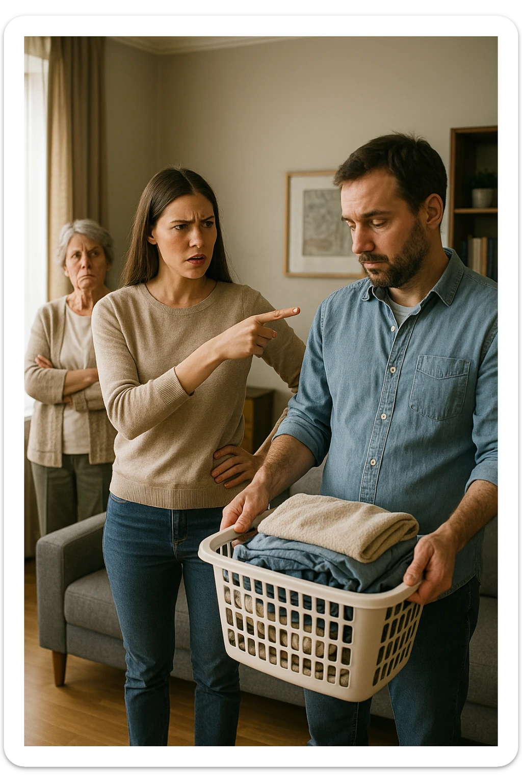a woman stands assertively in the center of a living room, giving clear instructions to her partner. The man, with a submissive and resigned expression, follows her directions, perhaps holding household items or performing a chore. Behind them, an older woman (the mother-in-law) stands with crossed arms and a disapproving look, watching the scene unfold. The lighting is natural, and the atmosphere is tense but realistic. sticker