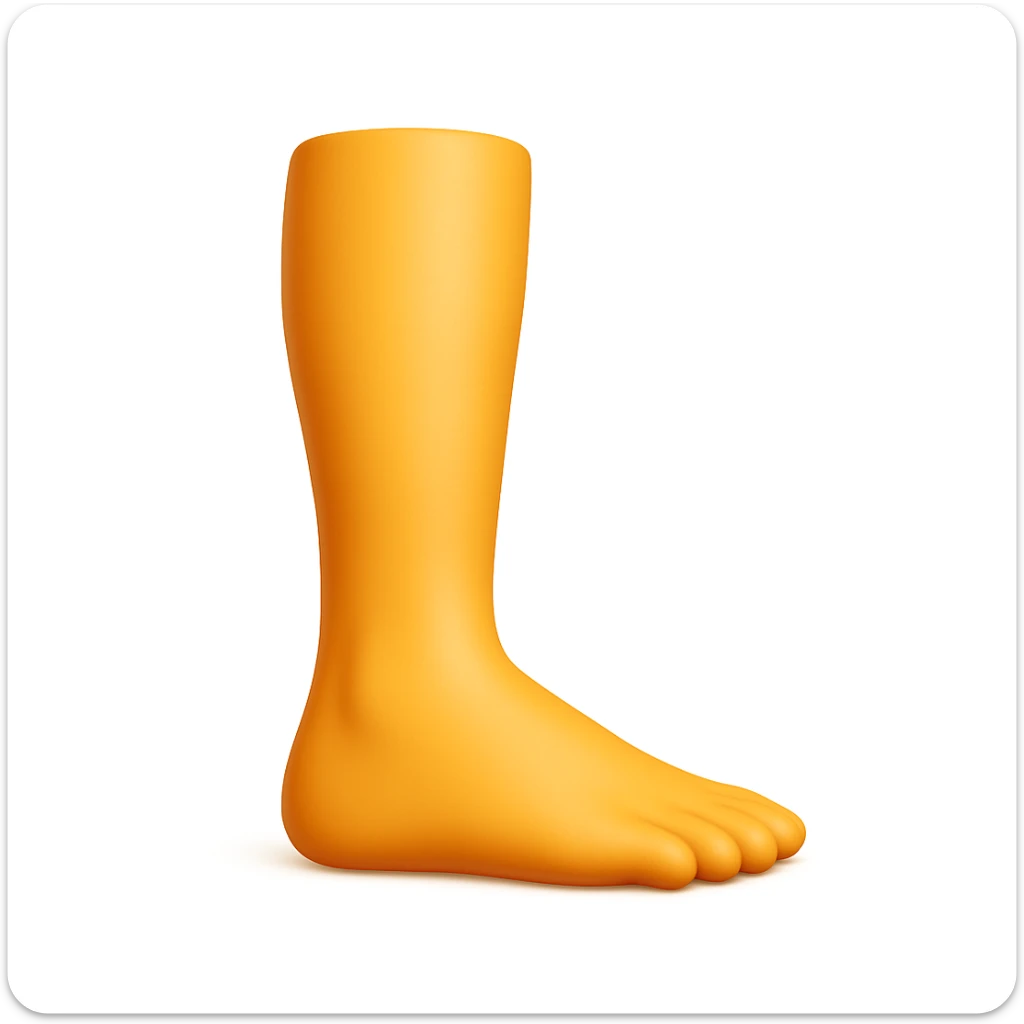 Create a single leg emoji that looks exactly like one of the legs in the reference image, in iOS emoji style. The emoji should have 3D appearance, shiny surface, smooth gradients, soft shadows, and a realistic leg and foot with the classic emoji look. Add a soft shadow under the foot. sticker