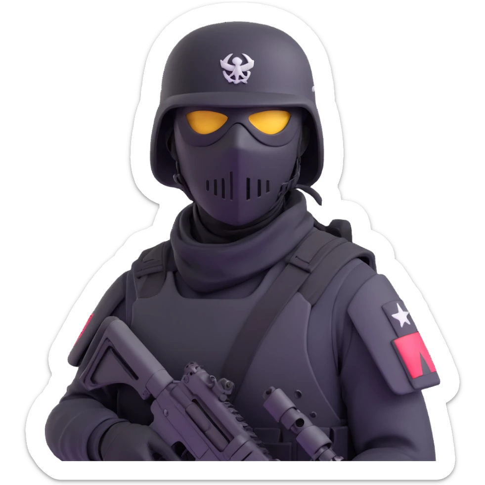 armed figure in all-black military clothing, shiesty mask, helmet, dramatic lighting sticker
