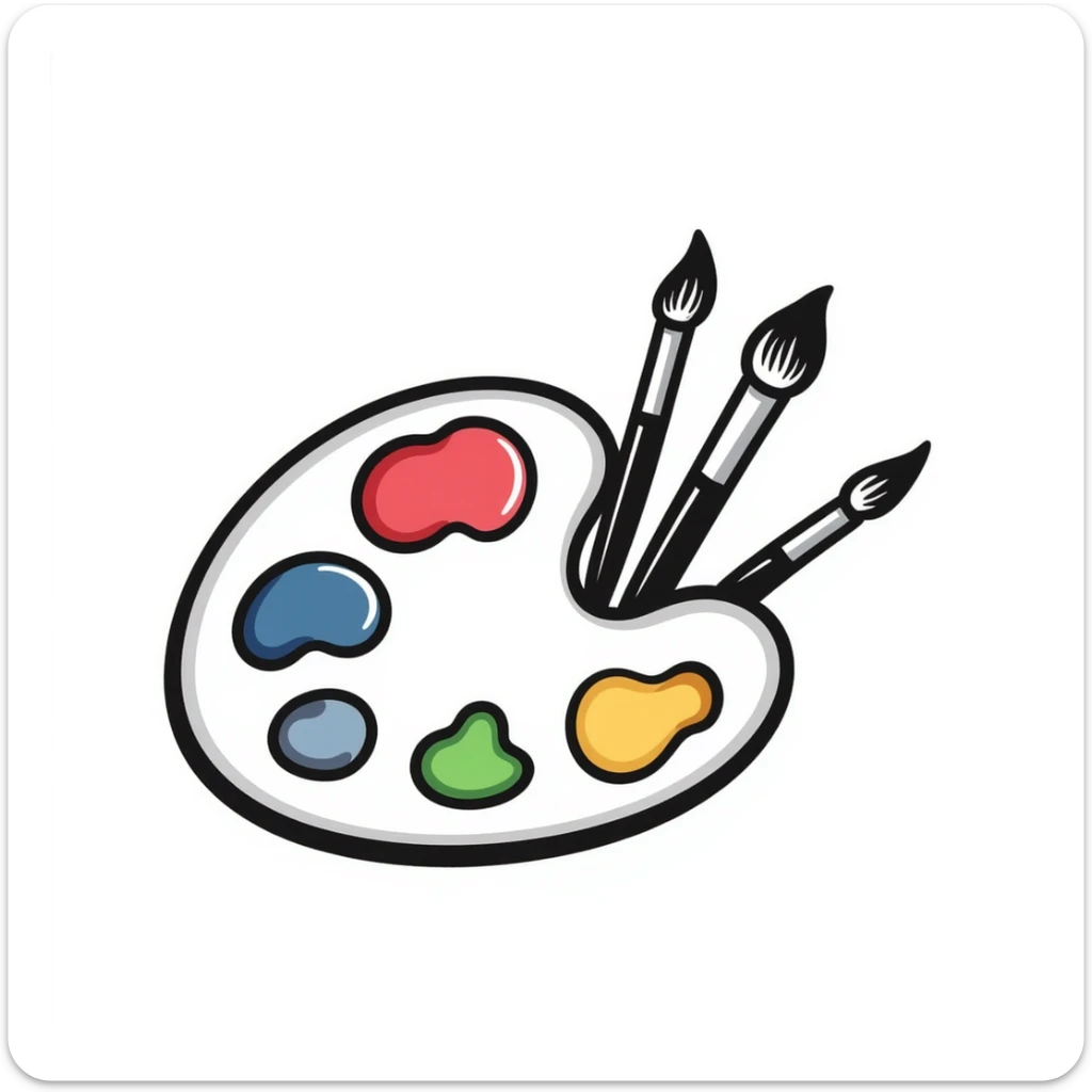 Detailed artist's palette with colorful paint blobs, palette holes, and paintbrushes. Sticker-like appearance with detailed doodle style and transparent background. sticker