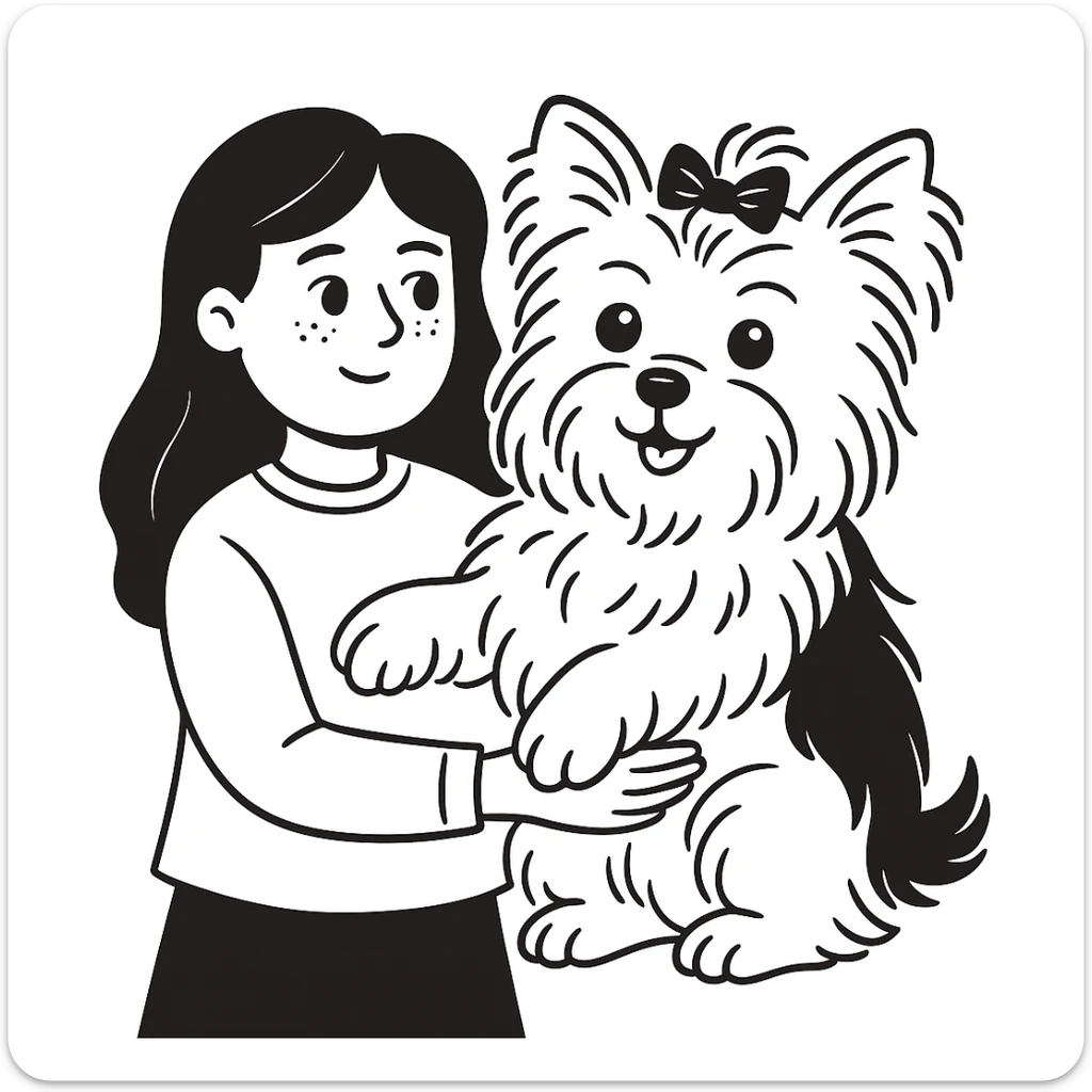 Make the yorkie dog much bigger, keep the 11 year old girl with freckles and long wavy brown hair, preserve the look of notion style hand drawn doodles. sticker