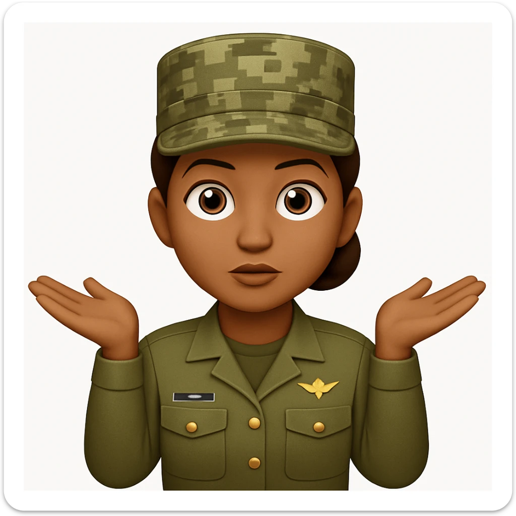 Make the girl's hairstyle a bun and add an army KFF (military cap) while keeping her brown skin, brown hair, and army attire. Keep the shrugging pose and emoji style. sticker