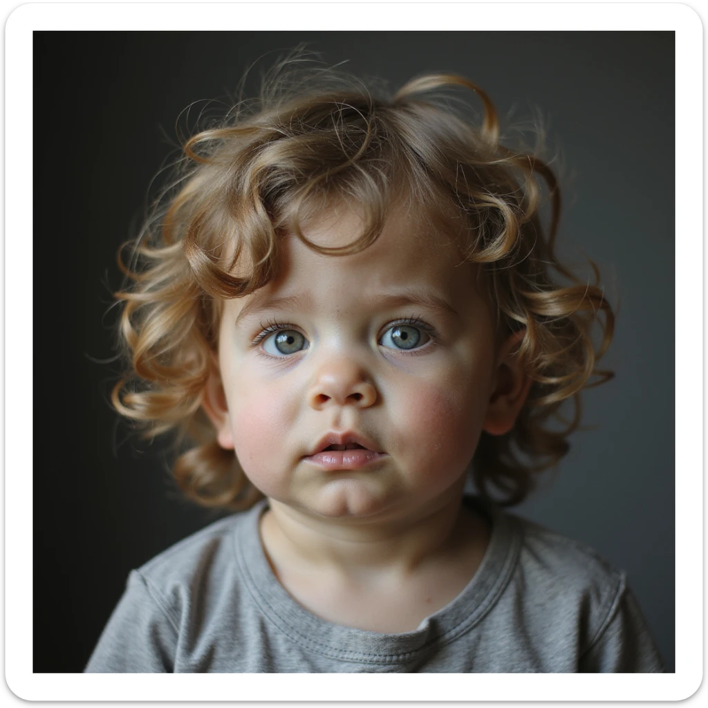 lifelike child portrait where the head is creatively shaped like the letter F, realistic textures and expression sticker