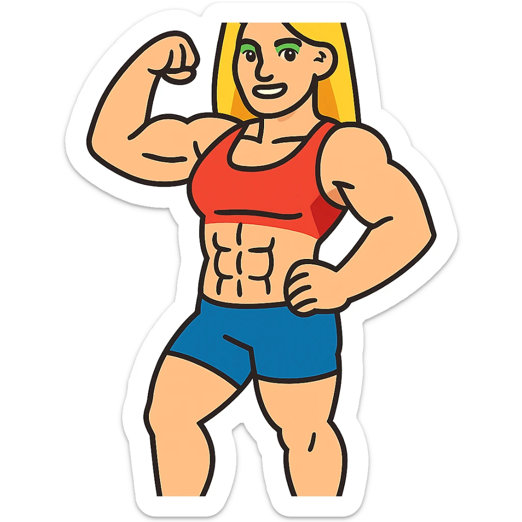 full body pose of a muscular white girl with blonde hair and green eyes, flexing 6 pack abs and one arm bicep sticker