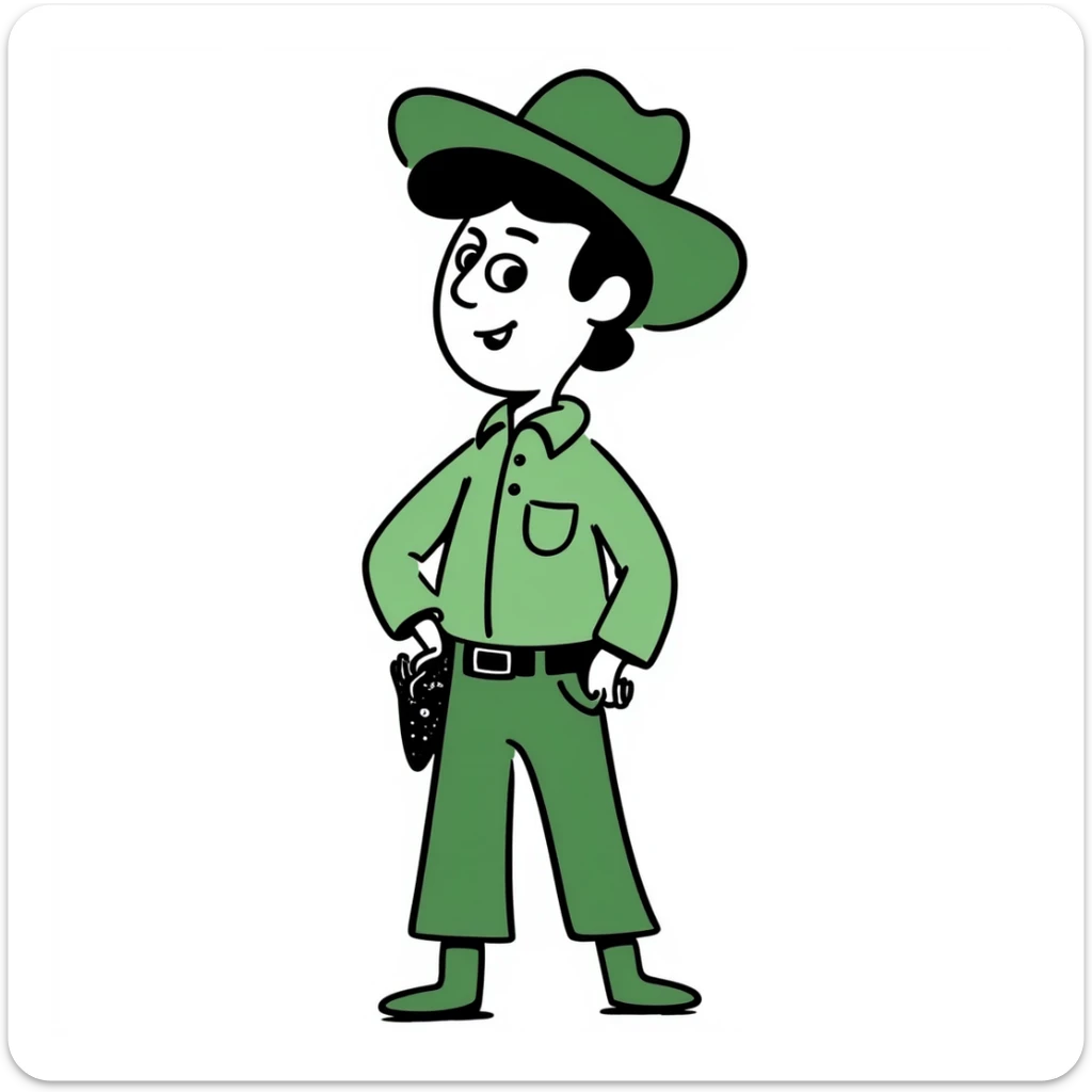 Hand-drawn cowboy character with green shirt, green pants, and matching green cowboy hat, western style sticker