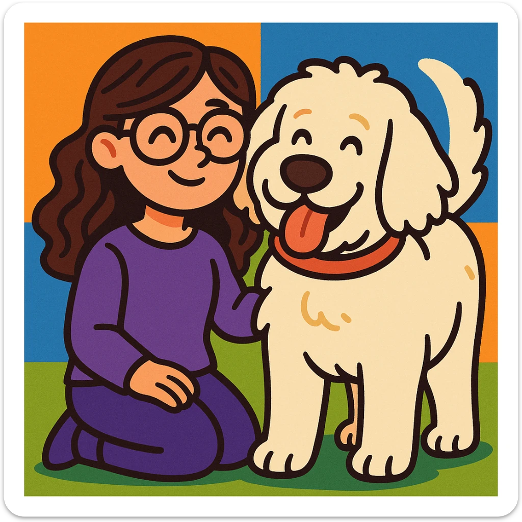 brunette female with glasses in a purple outfit and her large white or cream colored goldendoodle, cute cartoon style sticker