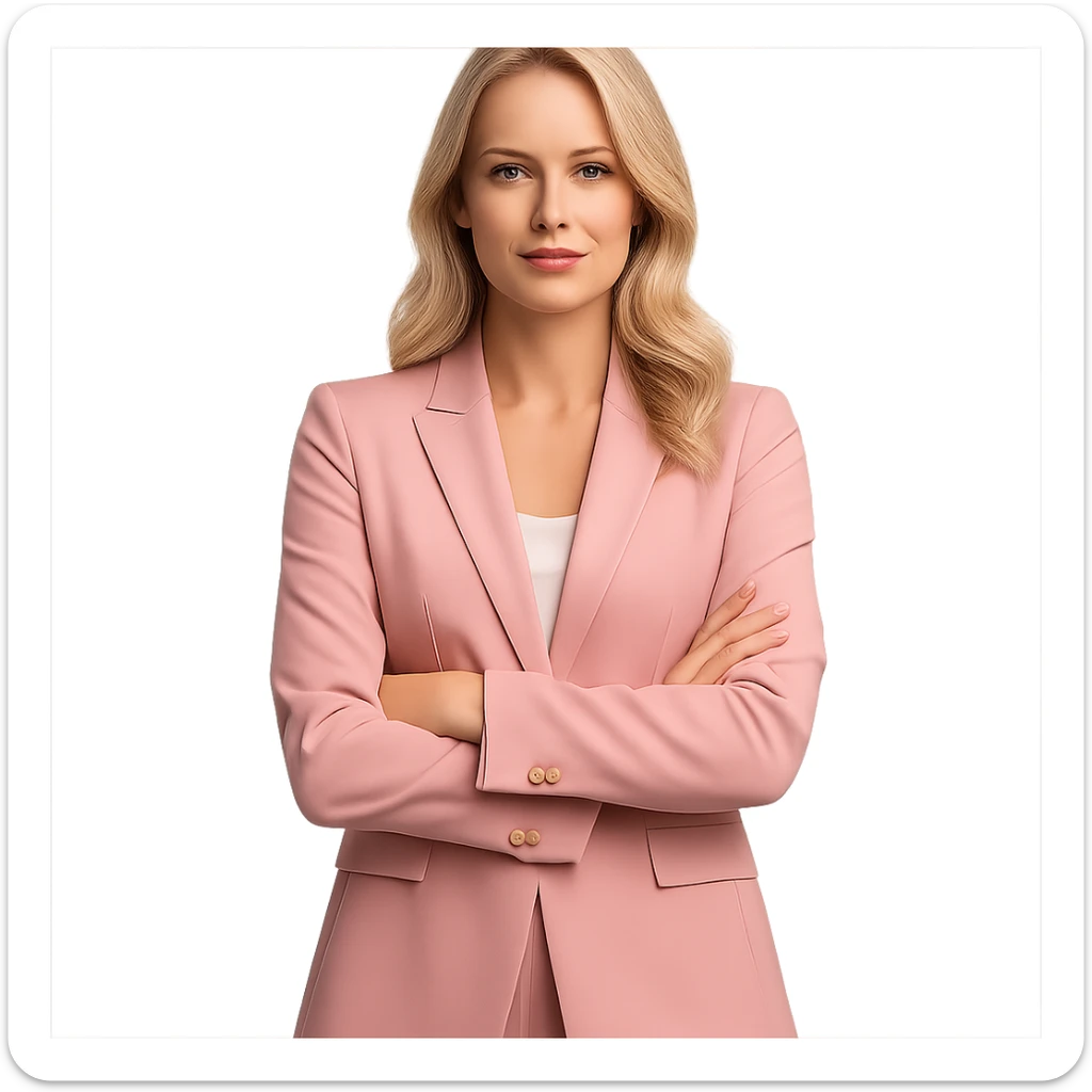 blonde businesswoman in a pink suit, standing with arms crossed sticker