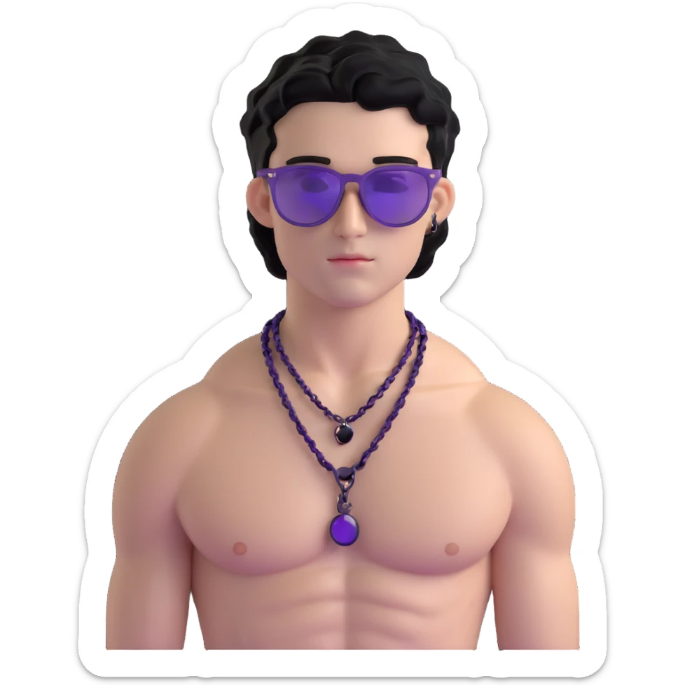 shirtless male athlete with white skin and moderately curly black hair on top with shaved sides, wearing purple sunglasses with very dark heavily tinted black lenses, and a simple plain black chain necklace, no earrings or other jewelry sticker