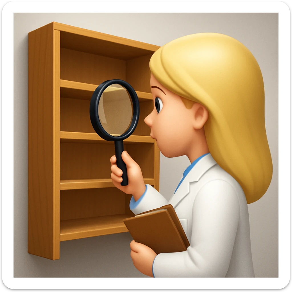emoji of white empty shelf in perspective view with a standing woman nearby, she is looking at the shelfs with a magnifying glass, she is turned to the shelfs, emoji style, adjust the perspective to be more dramatic sticker