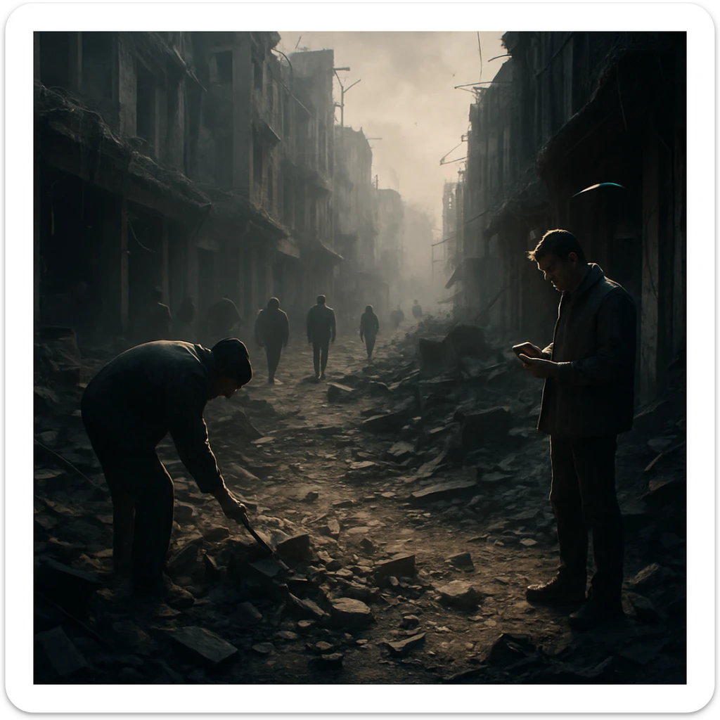 A group in a ruined city street, most people ignoring the destruction, two individuals picking up debris or studying the damage. Lighting highlights the two, others in shadow. Conceptual, symbolic, cinematic, emotionally charged, hyperrealistic 4K. sticker
