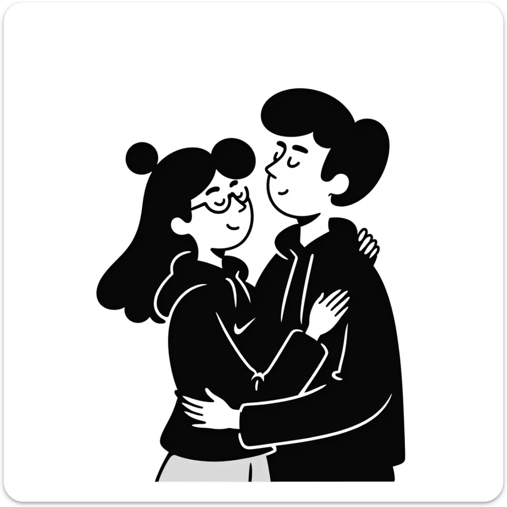 hispanic man with black hair hugging a light-skinned woman in a black Nike hoodie, woman has one bun in the back and thin black glasses sticker